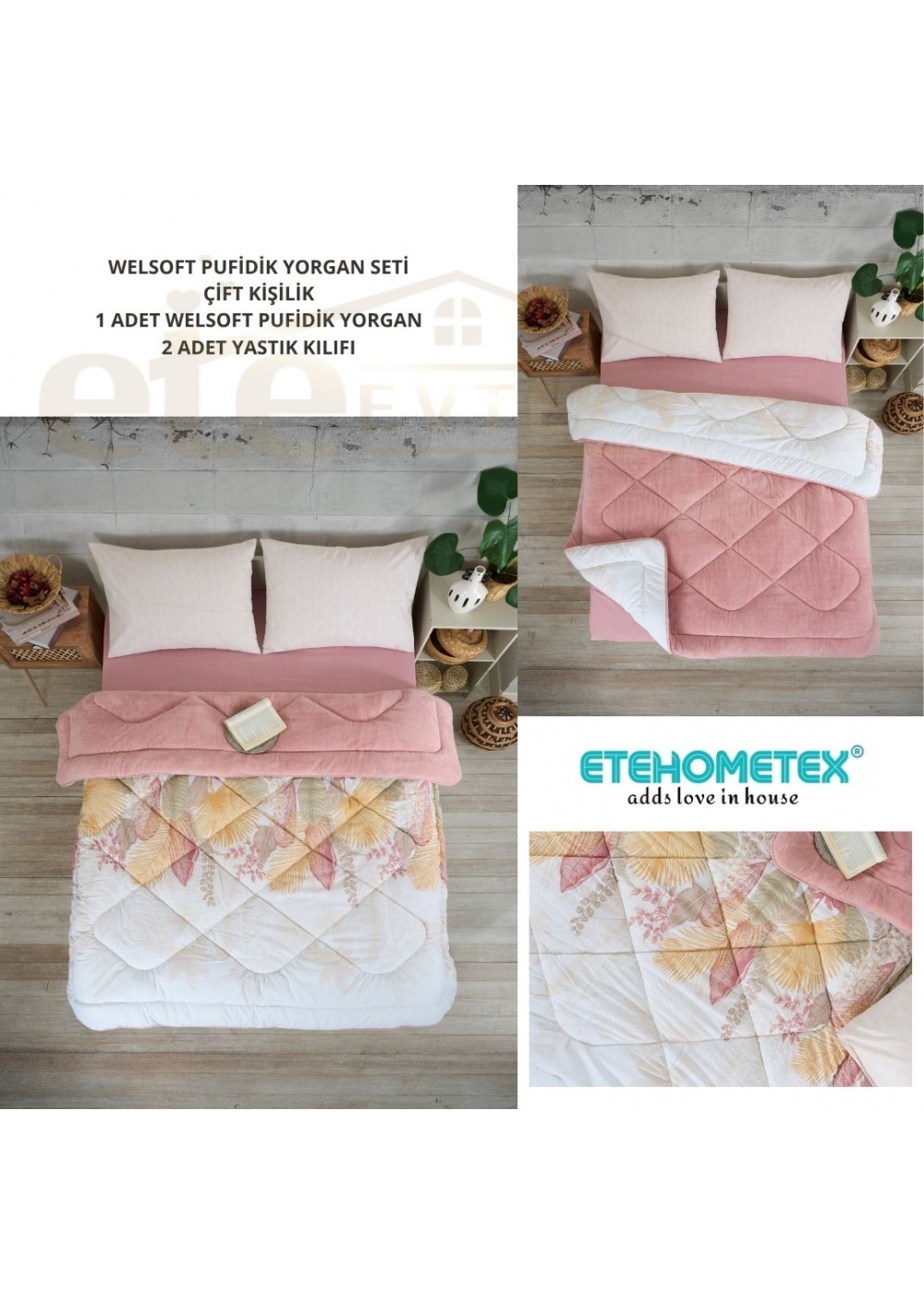 ETE HOMETEX ÇİFT KİŞİLİK LÜX WELSOFT YORGAN SETİ 195X215CM ALENA PUDRA 8696474231939